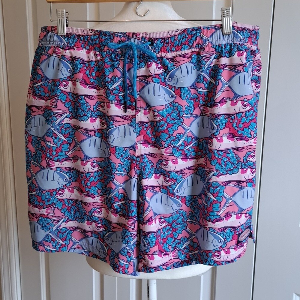 Vineyard Vines Mens Preppy Blue/Pink Fish Print Swim Trunks Elastic Waist/Tie XL